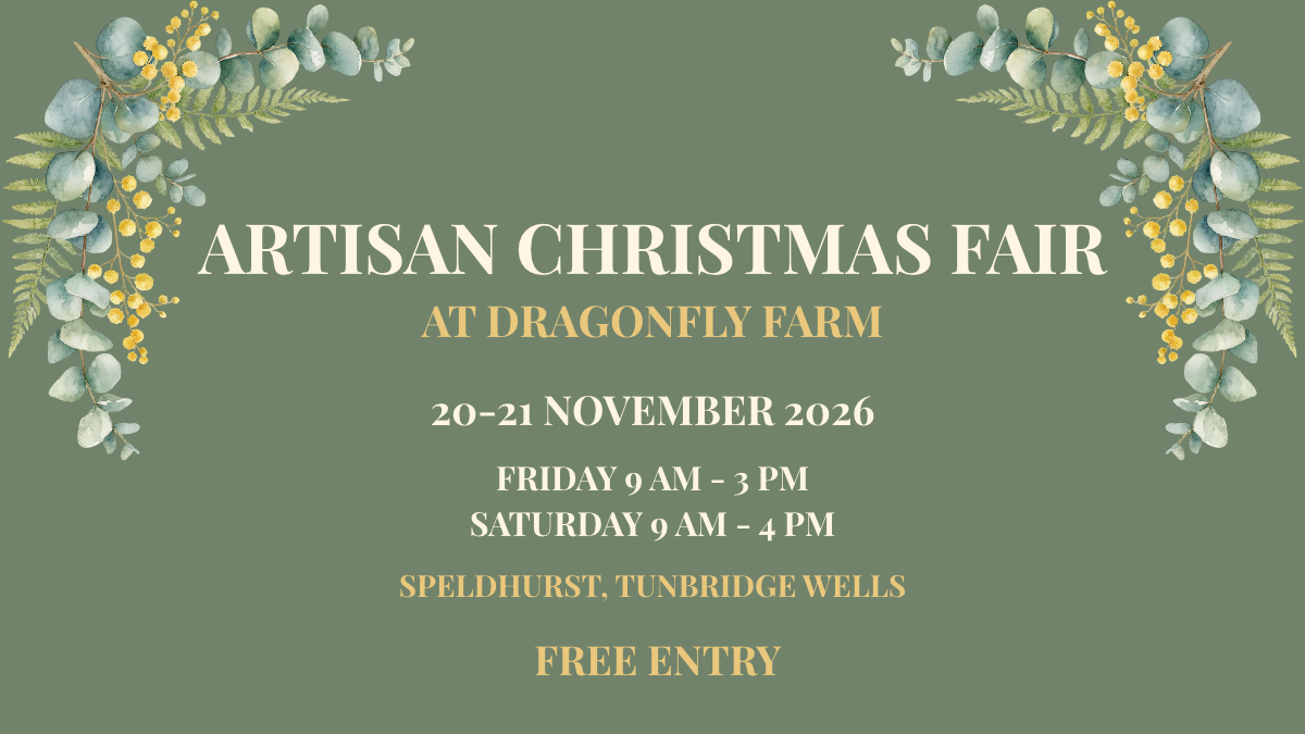 Artisan Christmas Fair at Dragonfly Farm in Speldhurst, Tunbridge Wells, 20–21 November 2026, with free entry and festive botanical artwork. Copy